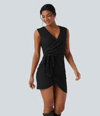 Ribbed Knit Sleeveless Belted Wrap Bodycon Mini Casual Dress