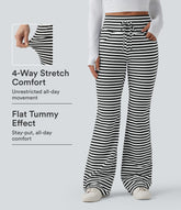 High Waisted Drawstring Tummy Control Stripe Waffle Flare Casual Pants with Pockets