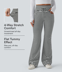 High Waisted Drawstring Tummy Control Stripe Waffle Flare Casual Pants with Pockets