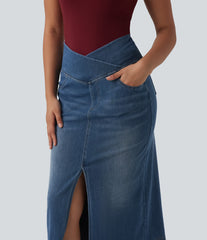 Halara Flex™ Asymmetric High Waisted Tummy Control Split Denim Casual Straight Skirt with Pockets