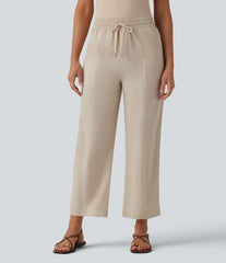 High Waisted Drawstring Tapered Draped Linen Casual Pants with Pockets
