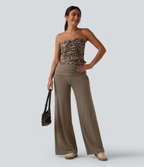 Ribbed Knit Foldover Super High Waisted Baggy Casual Pants with Pockets