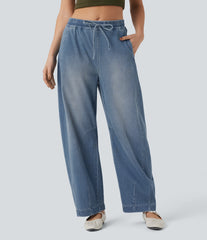 Halara Flex™ Mid Rise Drawstring Barrel Leg Washed Casual Baggy Sweatpants Jeans with Pockets