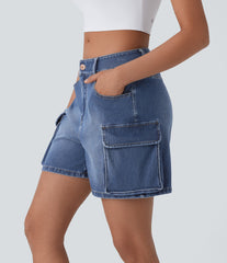 Halara Flex™ Low Rise Pockets Washed Denim Casual Cargo Shorts