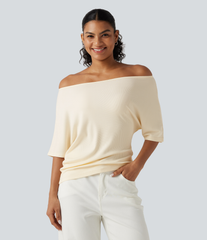 Ribbed Knit Off Shoulder Batwing Sleeve Casual Top
