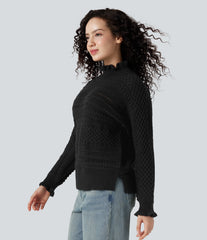 Ruffle Mock Neck Long Sleeve Cut Out Casual Sweater