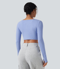 Ribbed Knit Scoop Neck Long Sleeve Thumb Holes Slim Cropped Casual Top