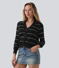 V Neck Long Sleeve Color Block Sweater Knit Cardigan