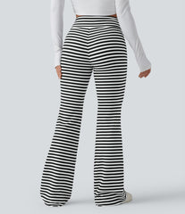 High Waisted Drawstring Tummy Control Stripe Waffle Flare Casual Pants with Pockets