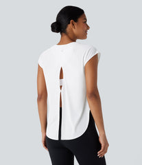 Round Neck Cap Sleeve Tie Back Curved Hem Yoga Sports Top