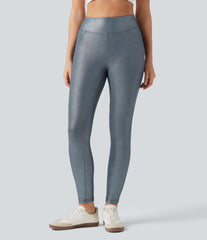 Ribbed Knit High Waisted Foil Print Yoga Leggings with Pockets