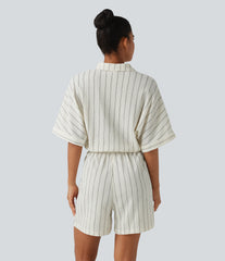 Collar Batwing Sleeve Tie Stripes Casual Romper with Pockets-Easy Peezy