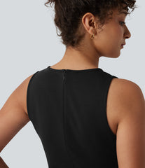 Round Neck Sleeveless Ruched Mini Work Dress with Pockets