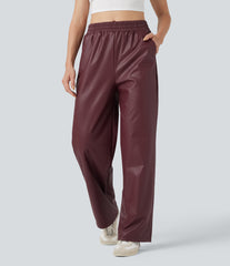 High Waisted Straight Leg Casual PU Leather Pants with Pockets