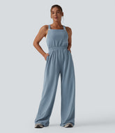 Wide Leg Waffle Casual Overalls with Pockets