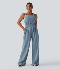 Wide Leg Waffle Casual Overalls with Pockets