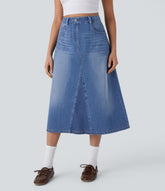 Halara Flex™ High Waisted Pockets Midi Washed Denim Casual A-Line Skirt