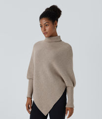 High Neck Long Sleeve Asymmetric Hem Work Sweater