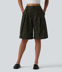 Mid Rise Leopard Print Casual Baggy Bermuda Shorts 10'' with Pockets