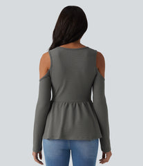 Round Neck Cut Out Long Sleeve Ruffle Hem Waffle Casual T-Shirt