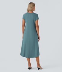 Round Neck Short Sleeve Pocket High Low Flowy Midi Casual Dress