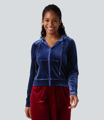 Hooded Drawstring Zipper Long Sleeve Velvet Casual Jacket with Pockets