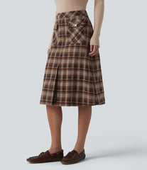 Mid Rise A-Line Plaid Midi Work Skirt with Pockets