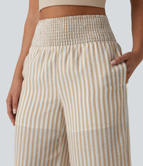 High Waisted Shirred 2-in-1 Straight Leg Stripe Casual Linen-Feel Pants with Pockets