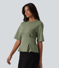 Round Neck Cinched Waist Casual Peplum Blouse