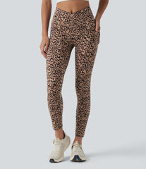 Crossover High Waisted Leopard Print Yoga 7/8 Leggings with Pockets