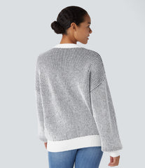 Round Neck Long Sleeve Color Block Stripe Casual Sweater