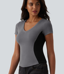 Ribbed Knit V-neck Short Sleeve Color Block Ultra-slim Casual T-Shirt