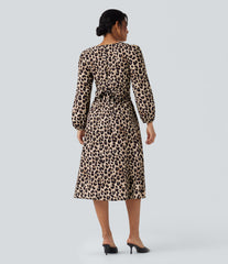 V-neck Long Sleeve Tie Back Leopard Print Midi Casual Dress with Pockets