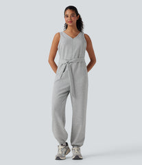 V-neck Sleeveless Belted Workout Jumpsuit with Pockets