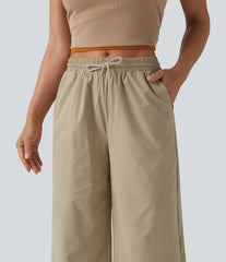 Mid Rise Drawstring Cropped Stretchy Poplin Casual Baggy Pants with Pockets