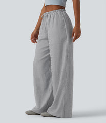 Low Rise Drawstring Stripes Linen-Feel Casual Baggy Pants with Pockets