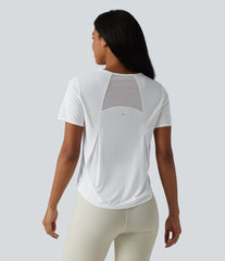 Round Neck Short Sleeve Contrast Mesh Curved Hem Running Sports Top
