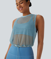 Sheer Mesh Cut Out Drawstring Hem Running Tank Top