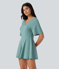 V Neck Short Sleeve Keyhole Back Casual Romper