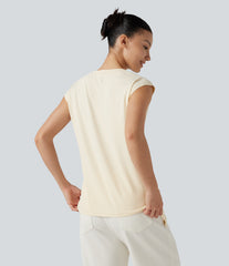 Round Neck Cap Sleeve Asymmetric Twisted Hem Casual Top