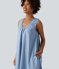 U-Neck Sleeveless Mini Denim-Like Resort Dress with Pockets
