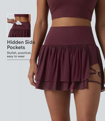 High Waisted 2-in-1 Asymmetric Hem Mini Breathable Mesh Dance Tiered Skirt with Pockets