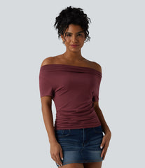 Cowl Neck Short Sleeve Ruched Casual Top