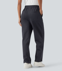 High Waisted Drawstring Cinchable Hem Casual Wide Leg Pants with Pockets
