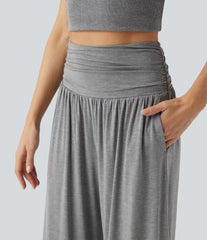 High Waisted Ruched Wide Leg Cropped Casual Pants with Pockets