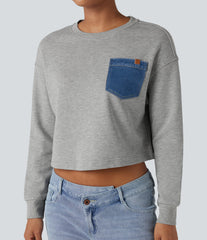 Round Neck Long Sleeve Casual Cotton Sweatshirt with Pocket