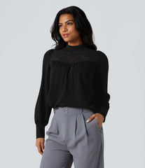 Mock Neck Long Sleeve Contrast Lace Work Shirt