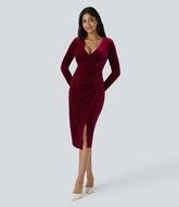 V Neck Long Sleeve Ruched Velvet Midi Casual Dress