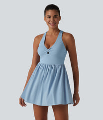 Breezeful™ V Neck Built-in Bra Racerback 2-in-1 Quick Dry Mini Tennis Active Dress with Pockets-Easy Peezy Edition