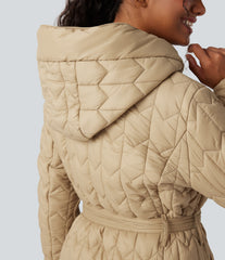 Hooded Belted Longline Casual Quilted Jacket with Pockets